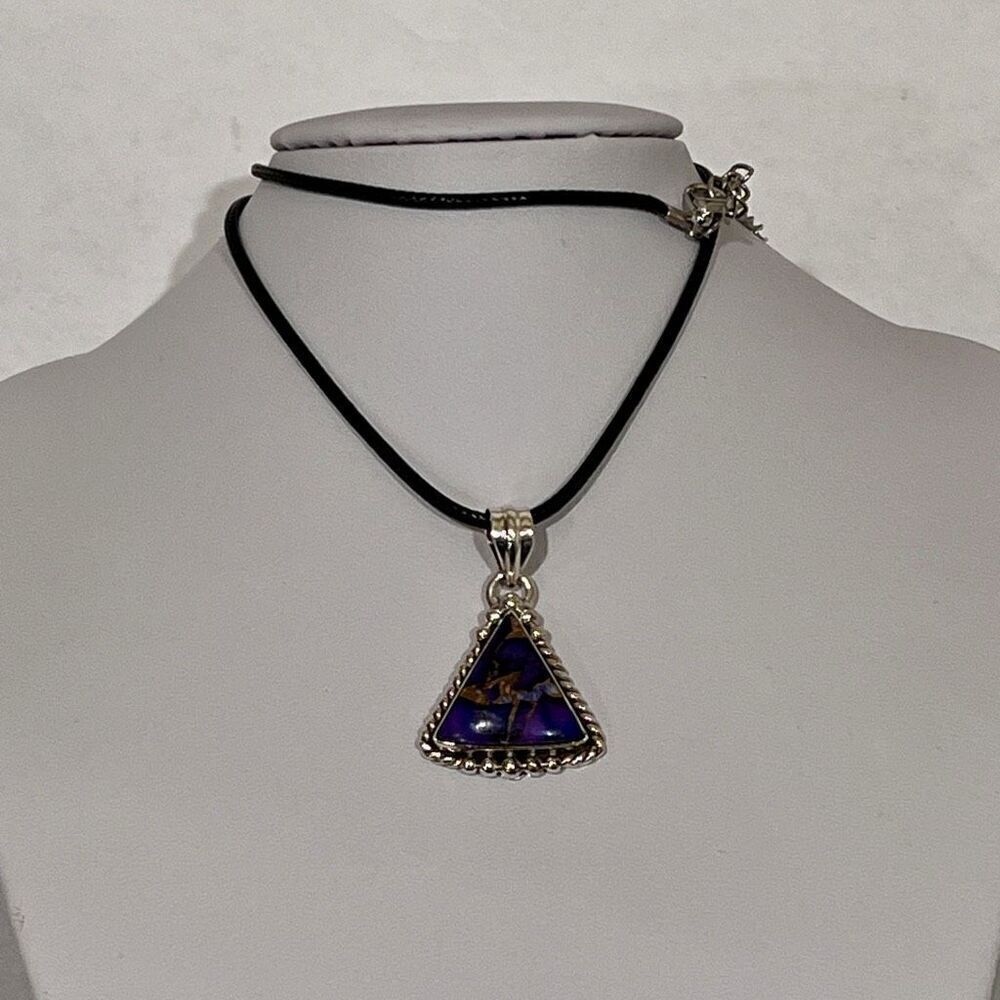 Southwestern Purple Copper Dahlia Turquoise Triangle Pendant Sterling Silver - Picture 3 of 4